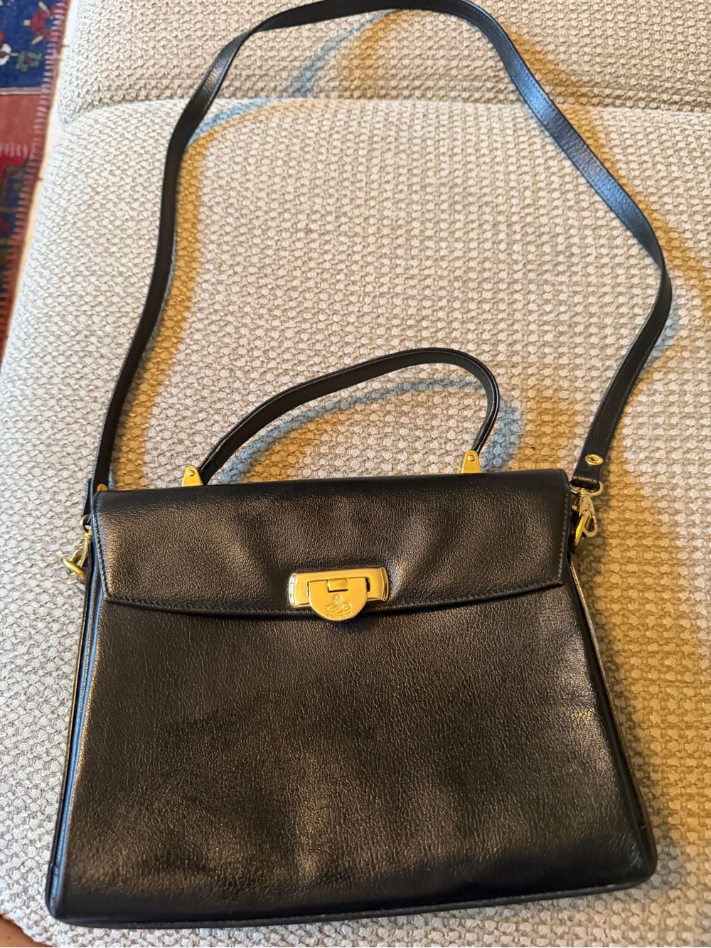 Authentic Pourchet Black Leather Top-Handle Crossbody Bag with Gold Hardware